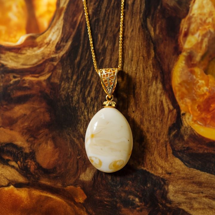 قلادة كهرمان بلطيقي حليبي طبيعية بتصميم أنيق - بدون سلسلة - 1